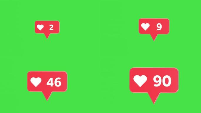 4k分辨率视频: 社交媒体网络爱和喜欢的心图标，有一百个追随者在绿屏色度键上签名