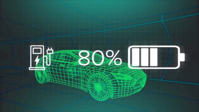 电动汽车界面上的充电状态数据的动画，通过3d汽车模型