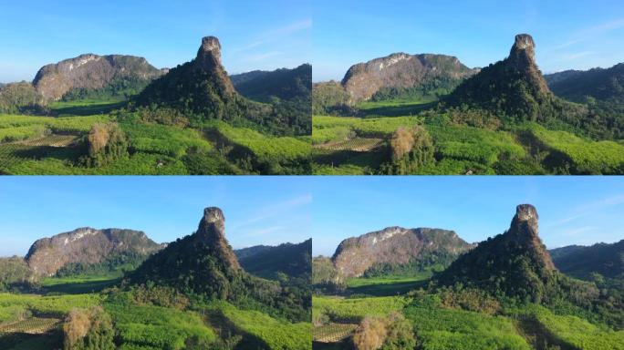 空中无人机拍摄了泰国南部沙敦省一个奇怪形状的山峰