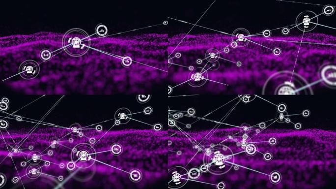紫色网格上带有数字图标的连接网络动画