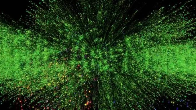绿色文本中的feliz ano nuevo动画，色彩鲜艳的新年烟花在夜空中爆炸