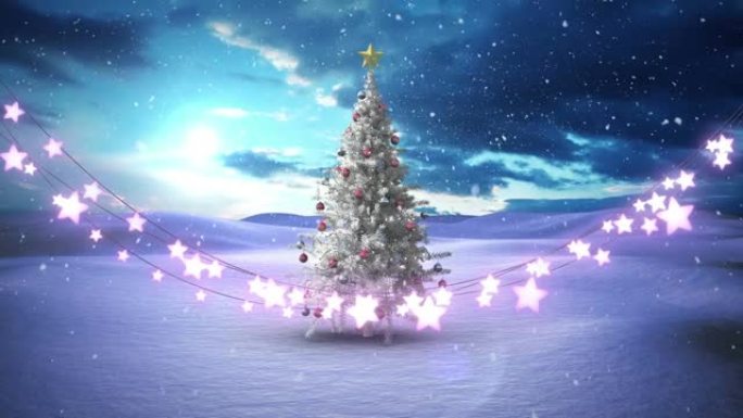 冬季景观上的圣诞树上飘落的星形仙女灯装饰