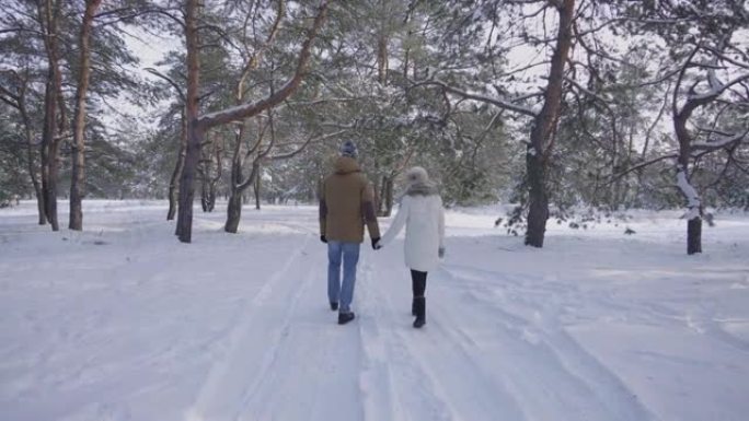 一对夫妇牵着手走在美丽的白雪皑皑的森林里的后视图。穿着冬装的男孩和女孩正在享受寒冷的晴天。美丽的冬季