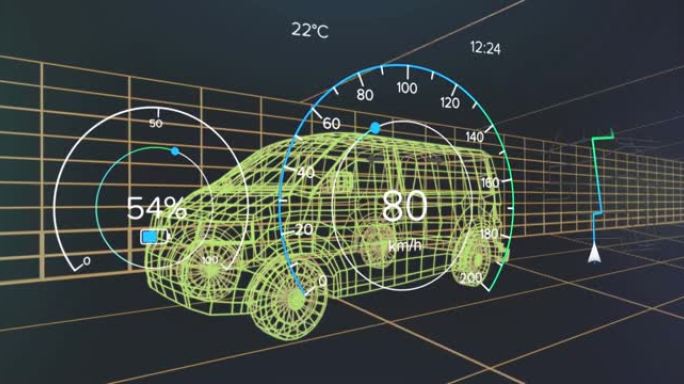 3d货车模型上的车辆接口上的速度计，gps和充电状态数据的动画