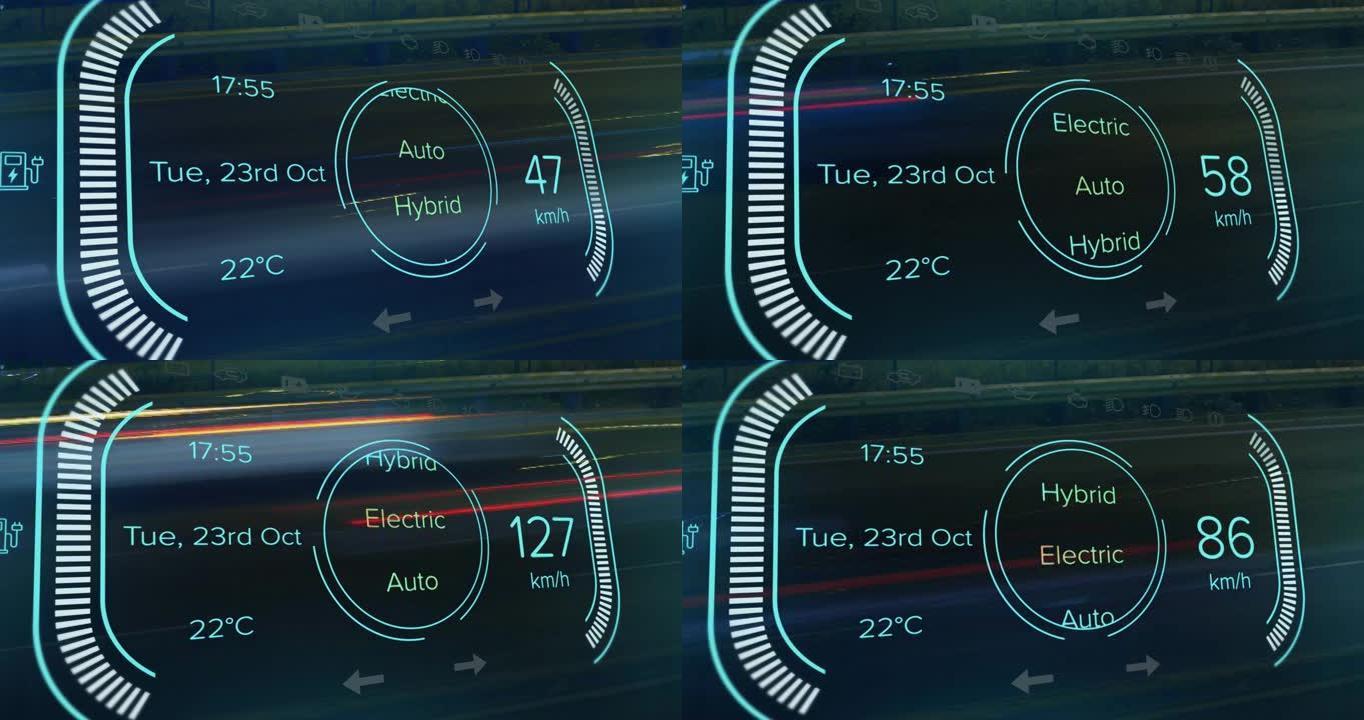 混合动力汽车界面上的速度计，功率类型，电荷和状态数据的动画