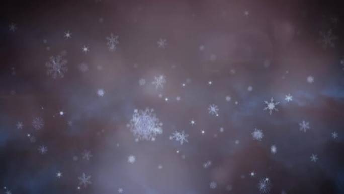 黑色背景上的圣诞节雪花飘落在烟雾和散景灯上的动画