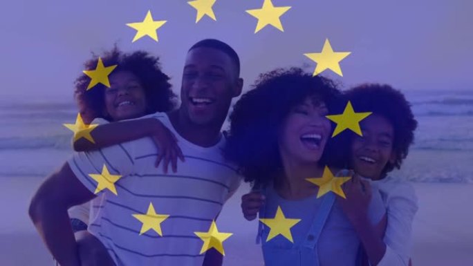 快乐的黑人家庭在欧盟旗的海滩上的动画