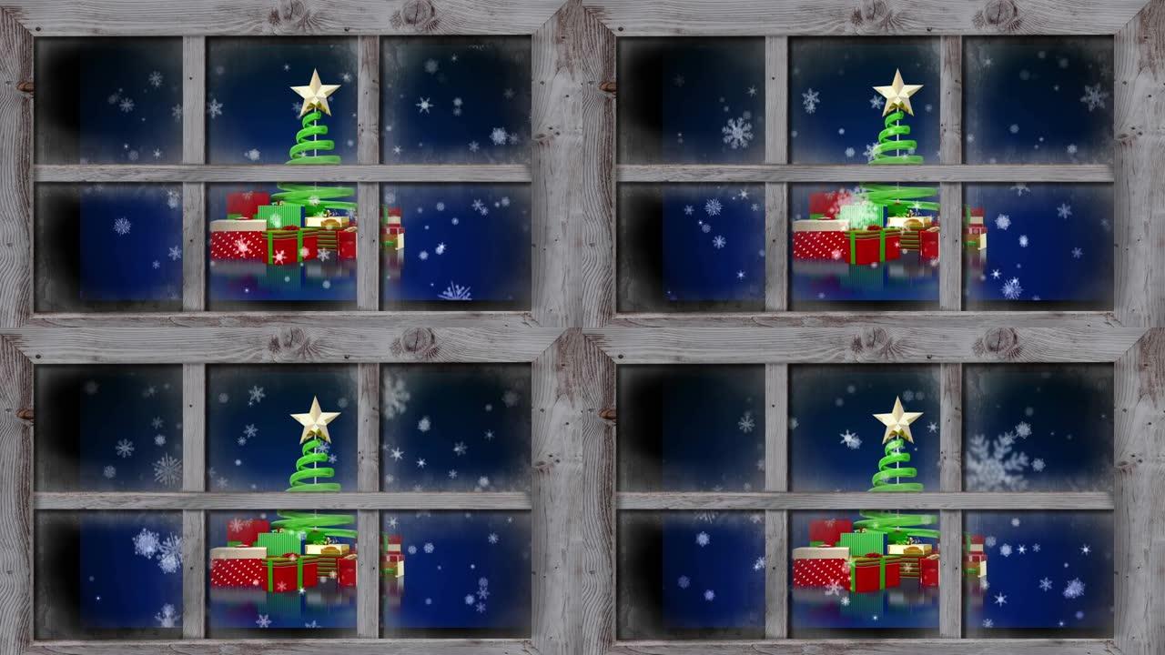 雪花落在圣诞树上的动画，并通过窗户看到冬天的风景