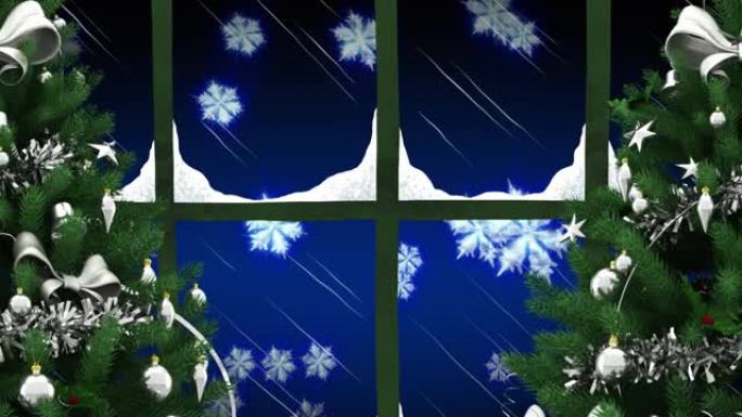 蓝色背景下漂浮的雪花上的两棵圣诞树和窗框