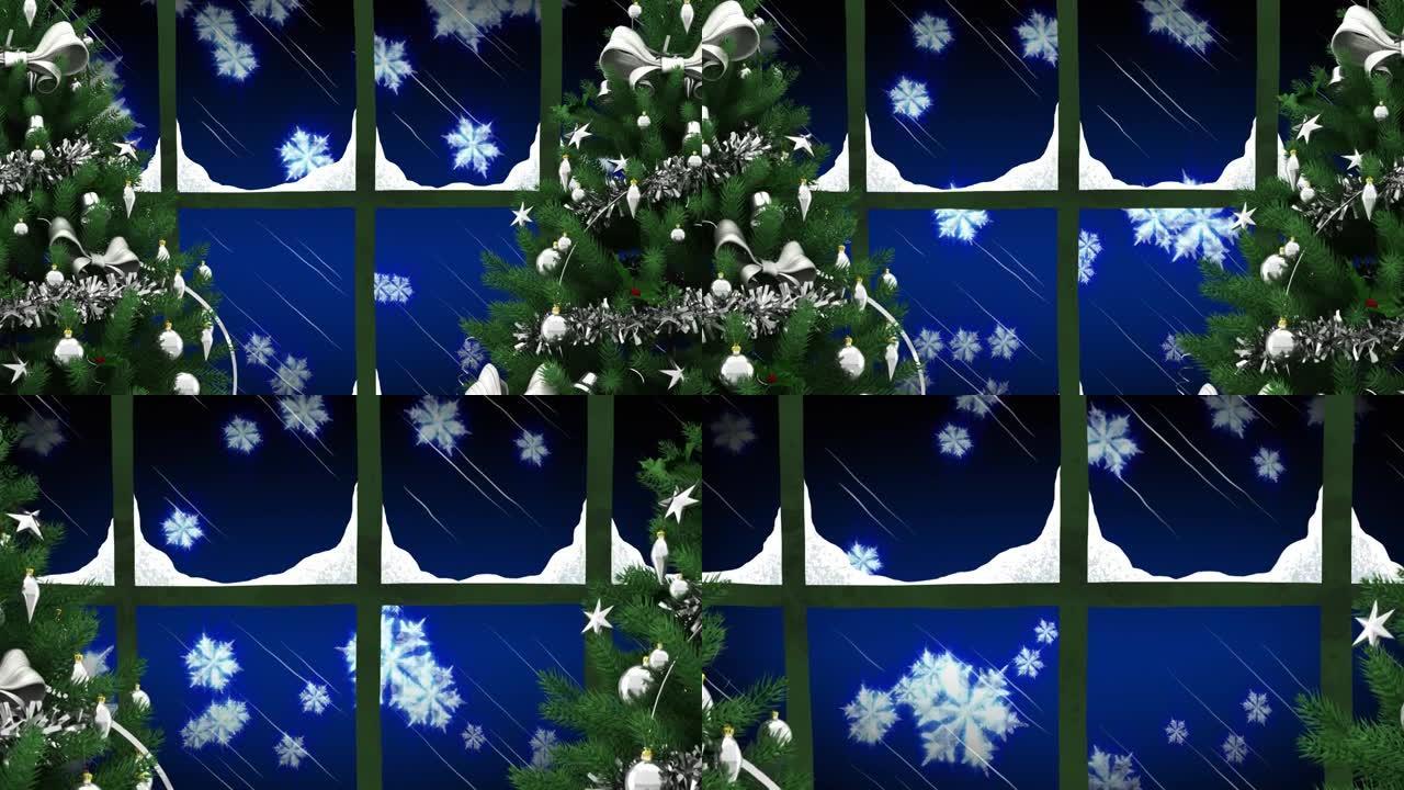 蓝色背景下漂浮的雪花上的两棵圣诞树和窗框