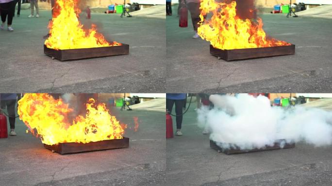 为了安全起见，男子教或培训如何使用二氧化碳 (CO2) 灭火器扑灭房屋或工业燃料中的火灾。