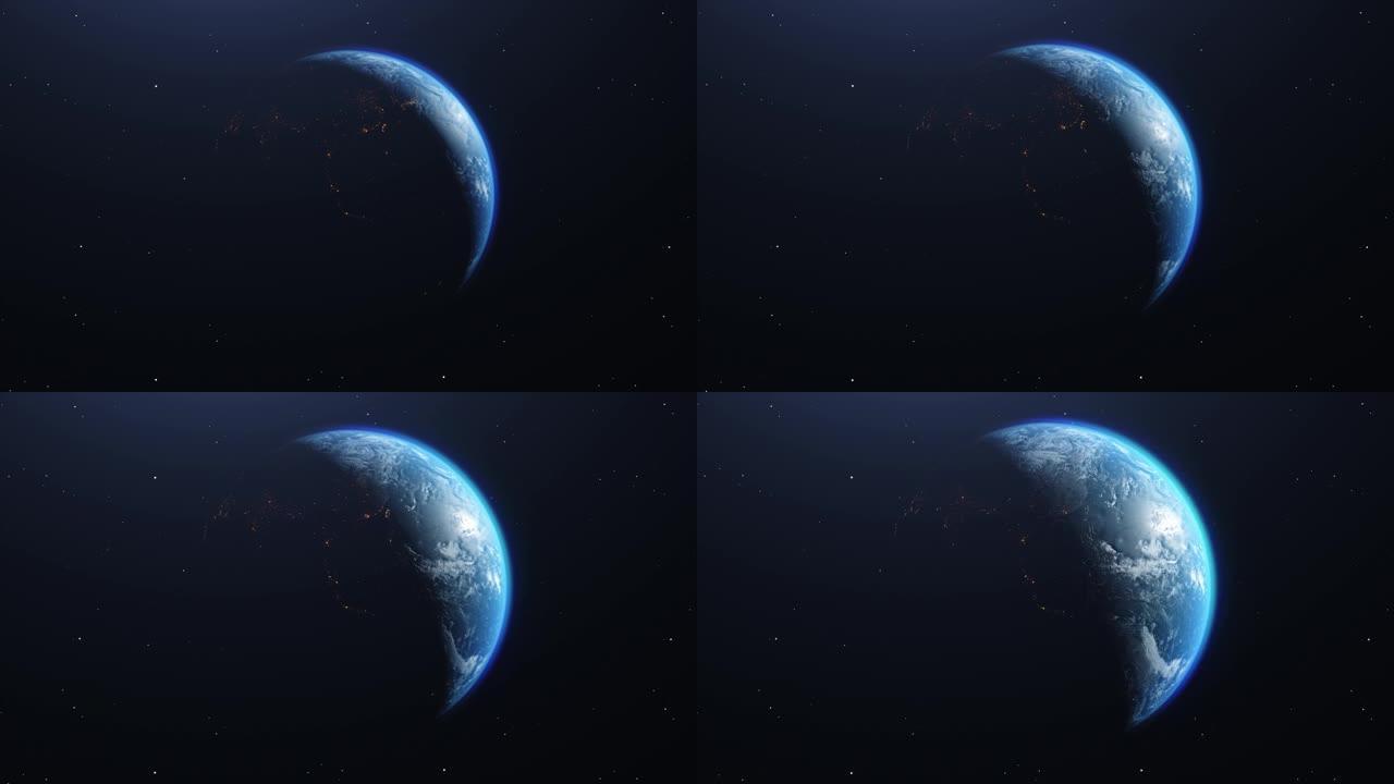 太阳系行星的宇宙。宇宙中一颗行星自转的抽象动画。地球的4k视频。