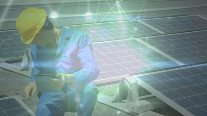 背景中太阳能电池板和男性工程师的连接网络动画
