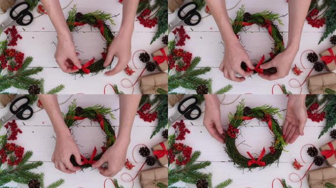 教程: 如何在蓝莓树枝的家中轻松制作圣诞花环。逐步视频说明。DIY艺术项目。