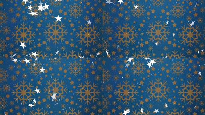 蓝色背景上的多个星星和雪落在雪花图案上的数字动画