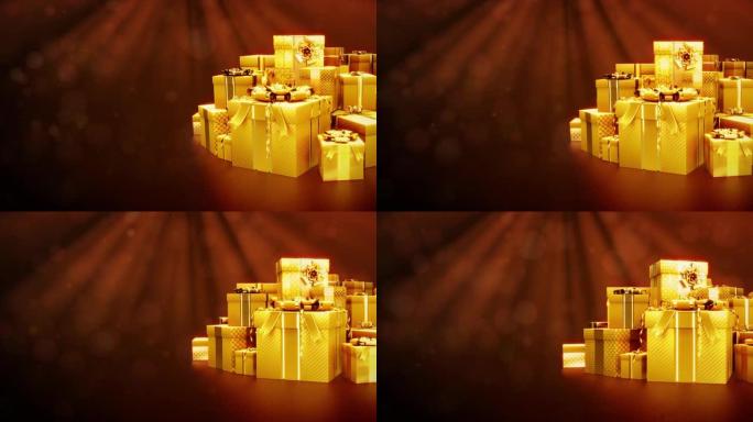 圣诞节的黄金礼品盒堆，有免费的地方