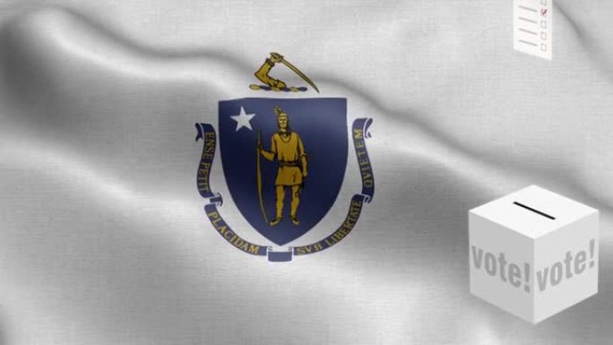 马萨诸塞州-选票飞到盒子为马萨诸塞州选择-投票箱在国旗前-选举-投票-选举国旗马萨诸塞州州波图案循环