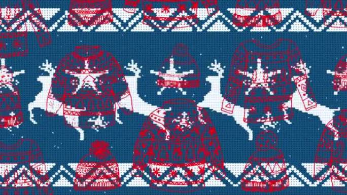 传统蓝色圣诞图案上的驯鹿图标无缝图案圣诞毛衣