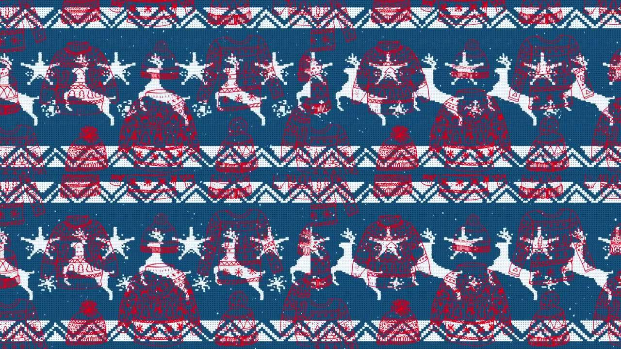 传统蓝色圣诞图案上的驯鹿图标无缝图案圣诞毛衣