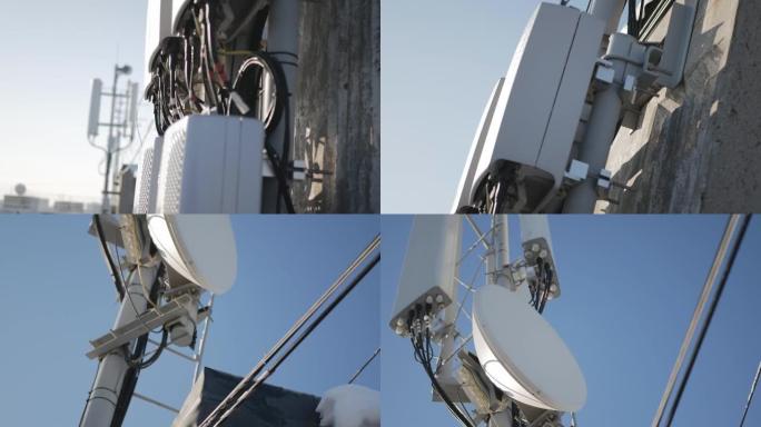 天线，发射器和粗电缆连接的电视和无线电广播通信系统。蜂窝通信、互联网和无线电