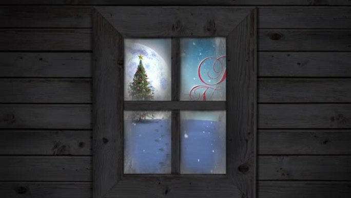 透过窗户看到的冬季风景中的圣诞树动画