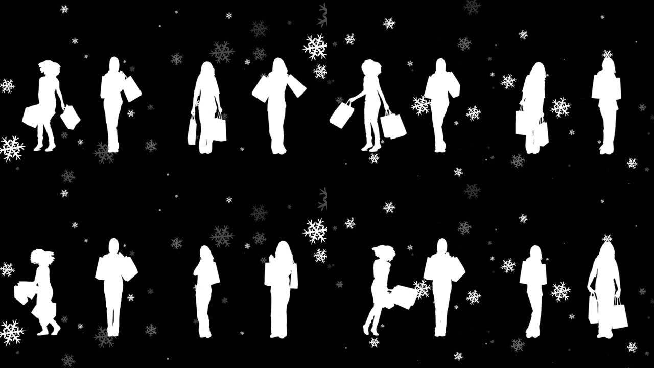 圣诞节时，黑色背景上的购物袋落在女性剪影上的雪花动画