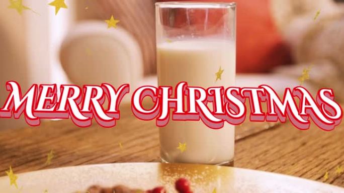 星星落下的圣诞节问候动画，背景中的牛奶和饼干