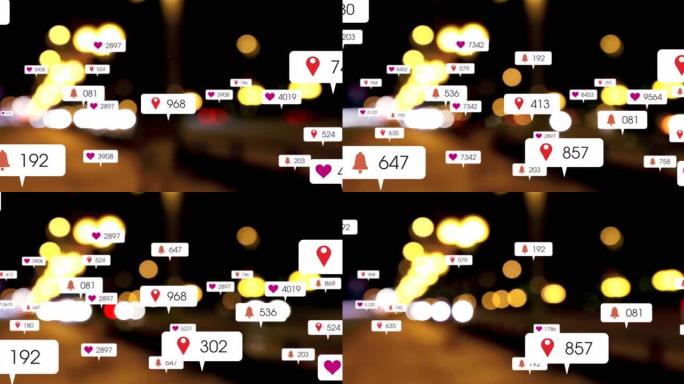 社交媒体图标和数字的动画在焦点城市和汽车灯外