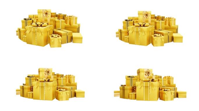 圣诞节或网络星期一的黄金惊喜礼物堆，孤立