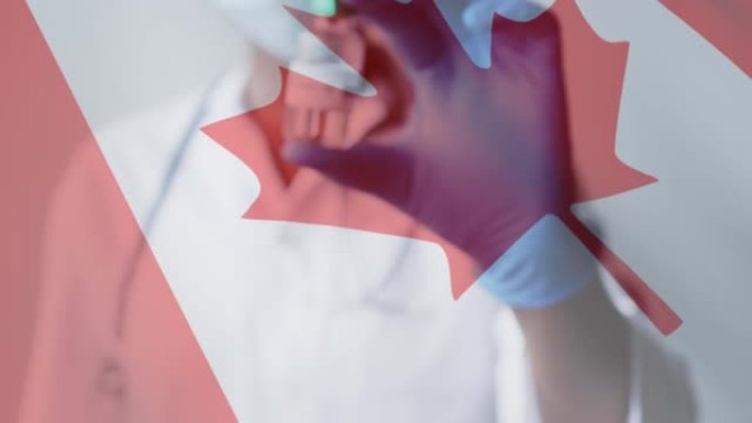 戴着covid疫苗小瓶的加拿大国旗在医生脸上的动画