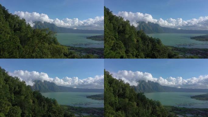 晴天巴厘岛著名火山口湖海岸线小镇区域空中全景4k印度尼西亚