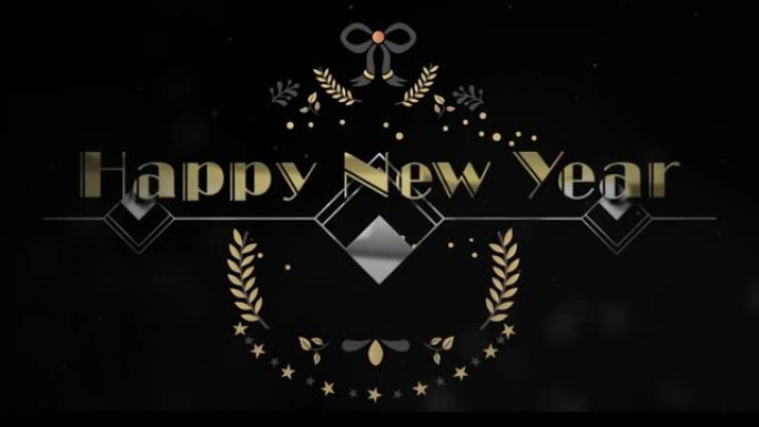 黑色背景上金色蝴蝶结和桂冠设计的新年快乐动画