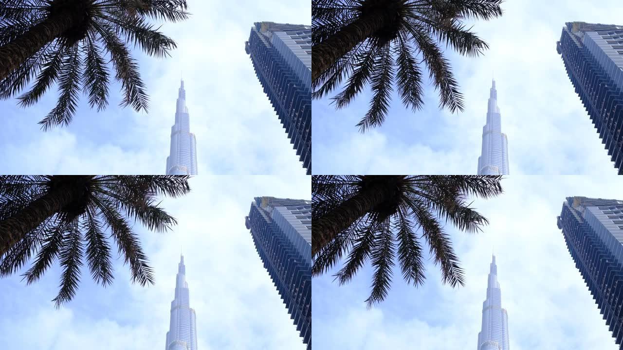 阿联酋迪拜，2021年2月15日: 世界上最高的建筑阿联酋迪拜哈利法塔的低角度视图。从市中心看