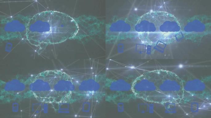 人脑动画，dna链，带有电子设备的数字云，连接网络