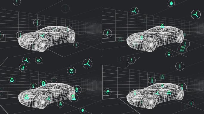 在黑色背景上移动的3d汽车模型上处理状态数据的图标动画