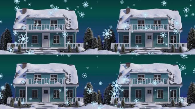 圣诞节雪花落在积雪覆盖的房屋和花园上的动画