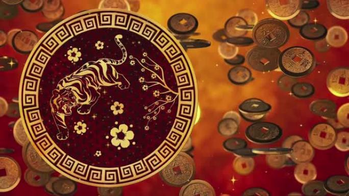 快乐的中国新2022年，红色的老虎生肖，金色的背景。中国节日。4k视频动画快乐新2022年，虎年