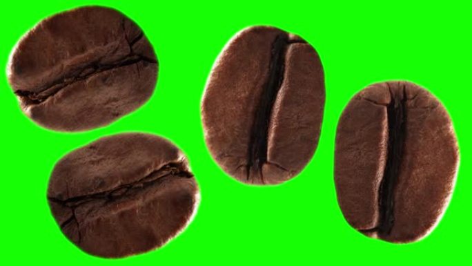 绿色屏幕上不同飞行咖啡豆的超慢动作微距拍摄，alpha chanel。咖啡豆，照片360度。