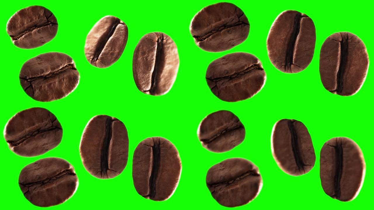 绿色屏幕上不同飞行咖啡豆的超慢动作微距拍摄，alpha chanel。咖啡豆，照片360度。