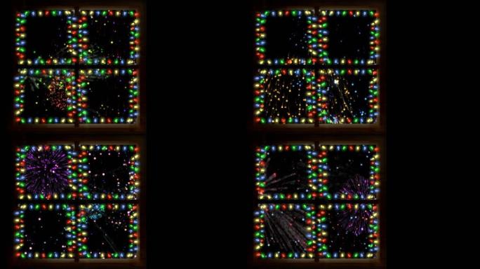 夜空五彩圣诞灯和新年烟花广场动画，复制空间