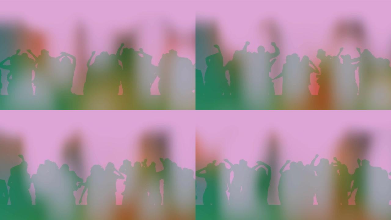 干冰和粉红色背景的舞蹈人群的烟熏剪影动画