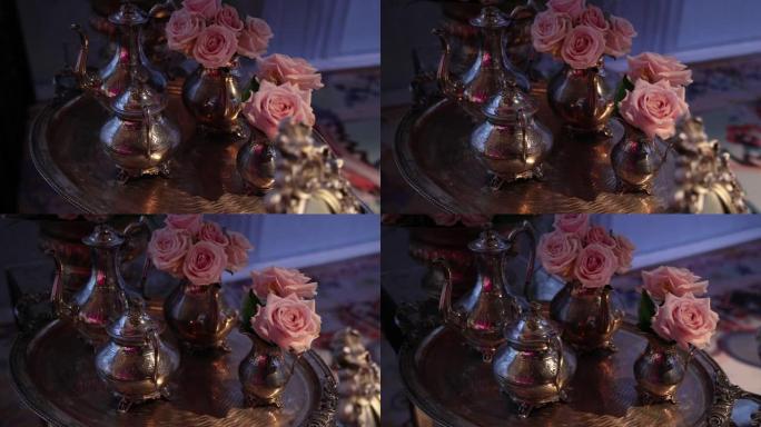 奥斯曼饮料、家庭餐桌装饰、茶壶装饰、古董茶壶和粉色花朵