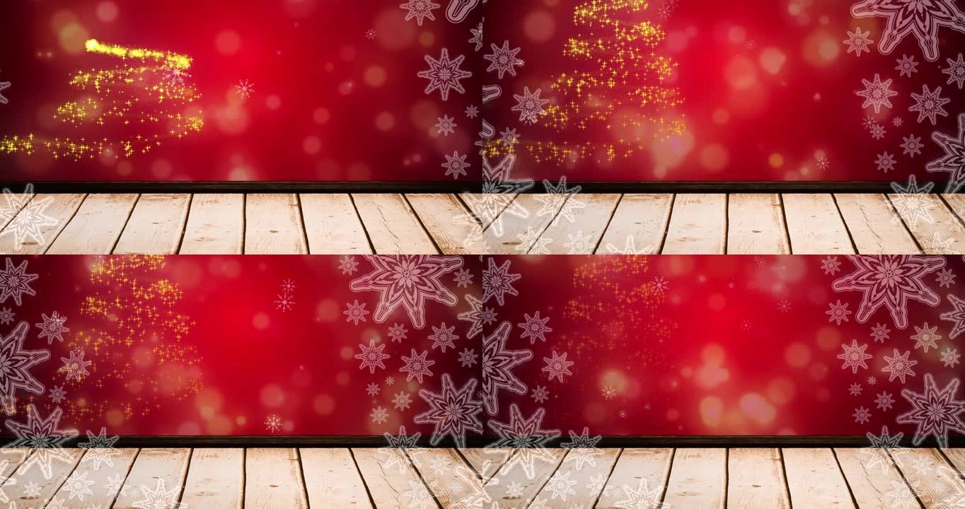 雪花落在红色背景上形成圣诞树的发光斑点上的动画