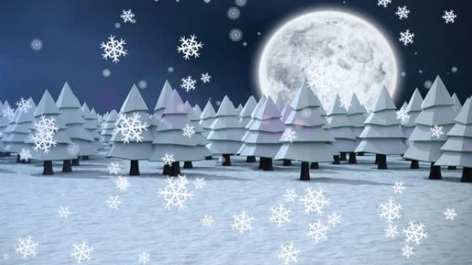 雪花飘落在带有月亮的圣诞节景观上的动画