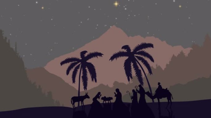 圣诞诞生场景动画和夜空上的星星