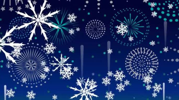 蓝色背景上的圣诞节雪花和新年烟花动画