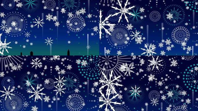 蓝色背景上的圣诞节雪花和新年烟花动画