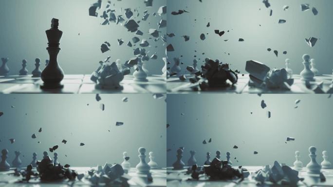 破坏国际象棋人物系列。以慢动作相互面对的方式爆炸国王。全面战争、分歧、灾难和失败的象征性例证。