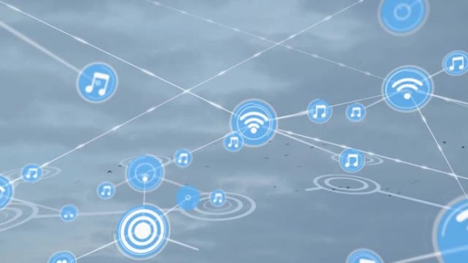 蓝色背景上带有图标的连接网络动画
