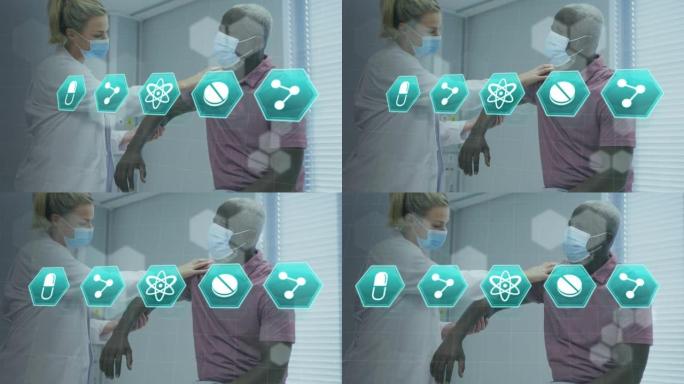 高加索医生用口罩治疗男性患者的医学图标动画